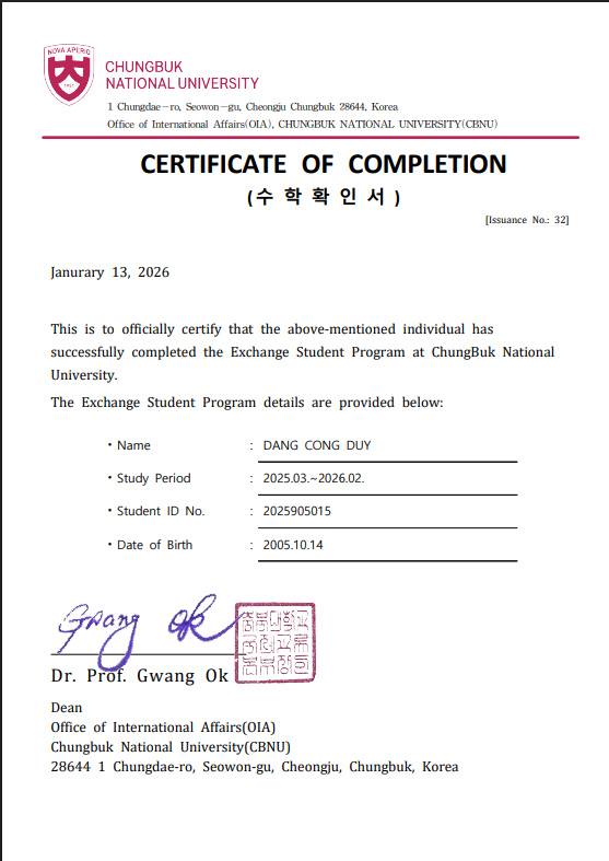 Chungbuk National University Certificate